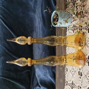 Pair of Vintage Amber Empoli Tall Genie Bottles